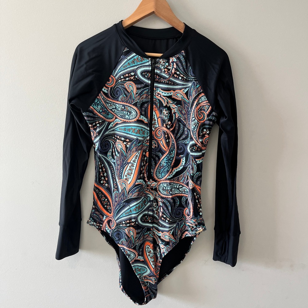 Relleciga Paisley Long Sleeve Rash Guard Swimsuit Coastal Black XL Thumbholes